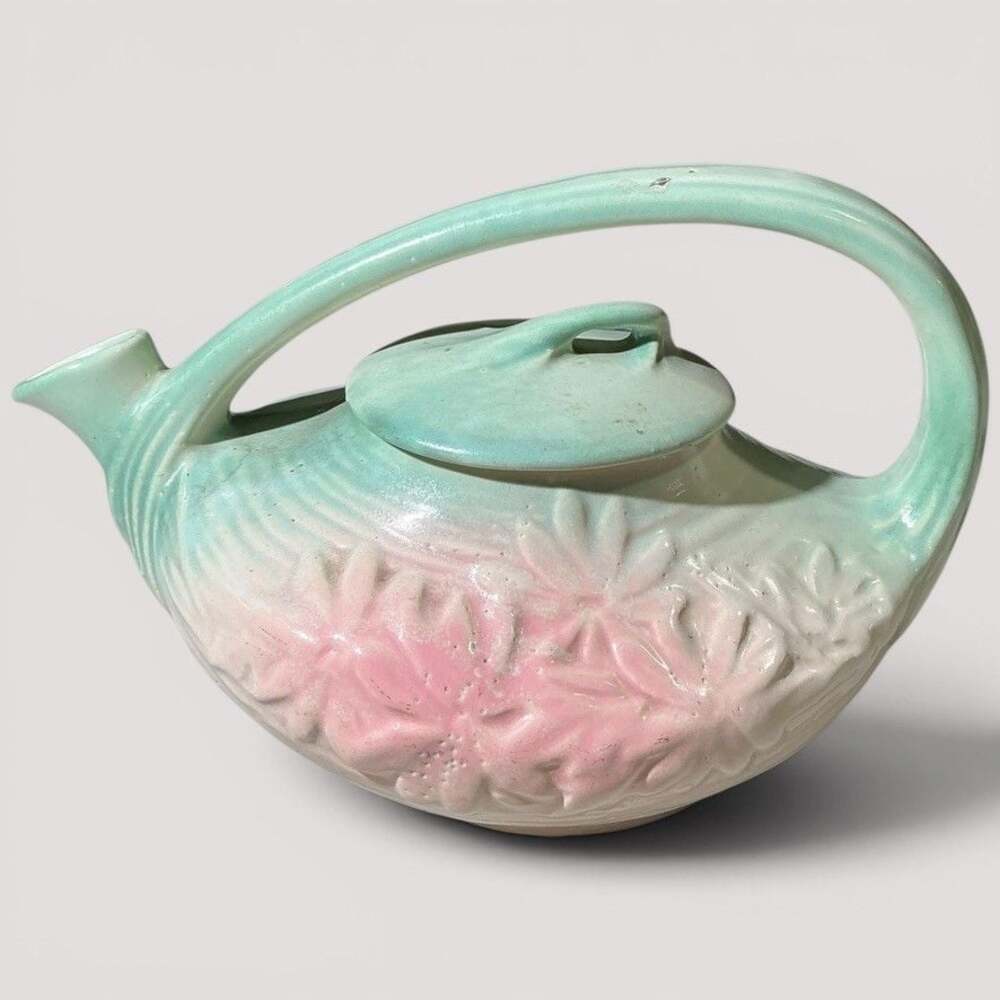 Vintage McCoy Pink and Green Ceramic Teapot with Daisy Pattern